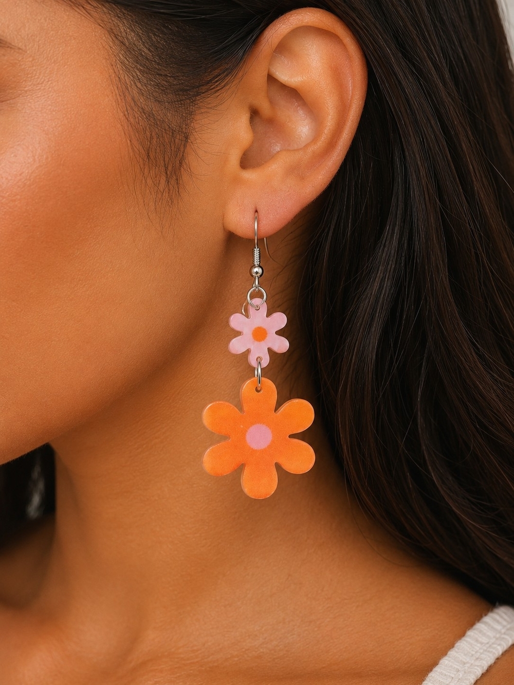 3 bundles for $25 Acrylic Floral Daisy Drop Earrings Orange & Pink